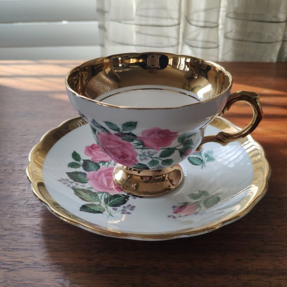 Rosina Gilt Tea Cup, England Gold Gilded Pink Roses, VTG Bone China